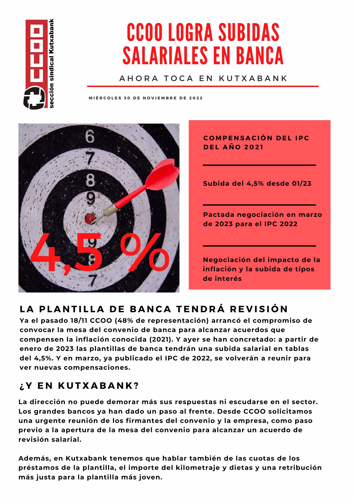 CCOO logra la subida salarial en banca